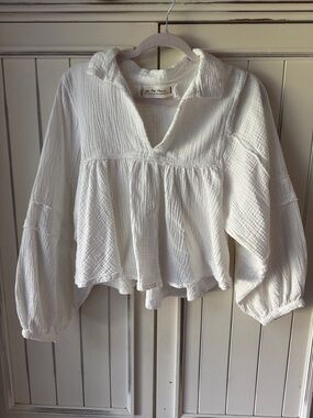 Relaxed Gauze Peasant Tunic Top - White
